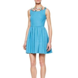 Red Valentino Blue Pique Dress with Leather Floral